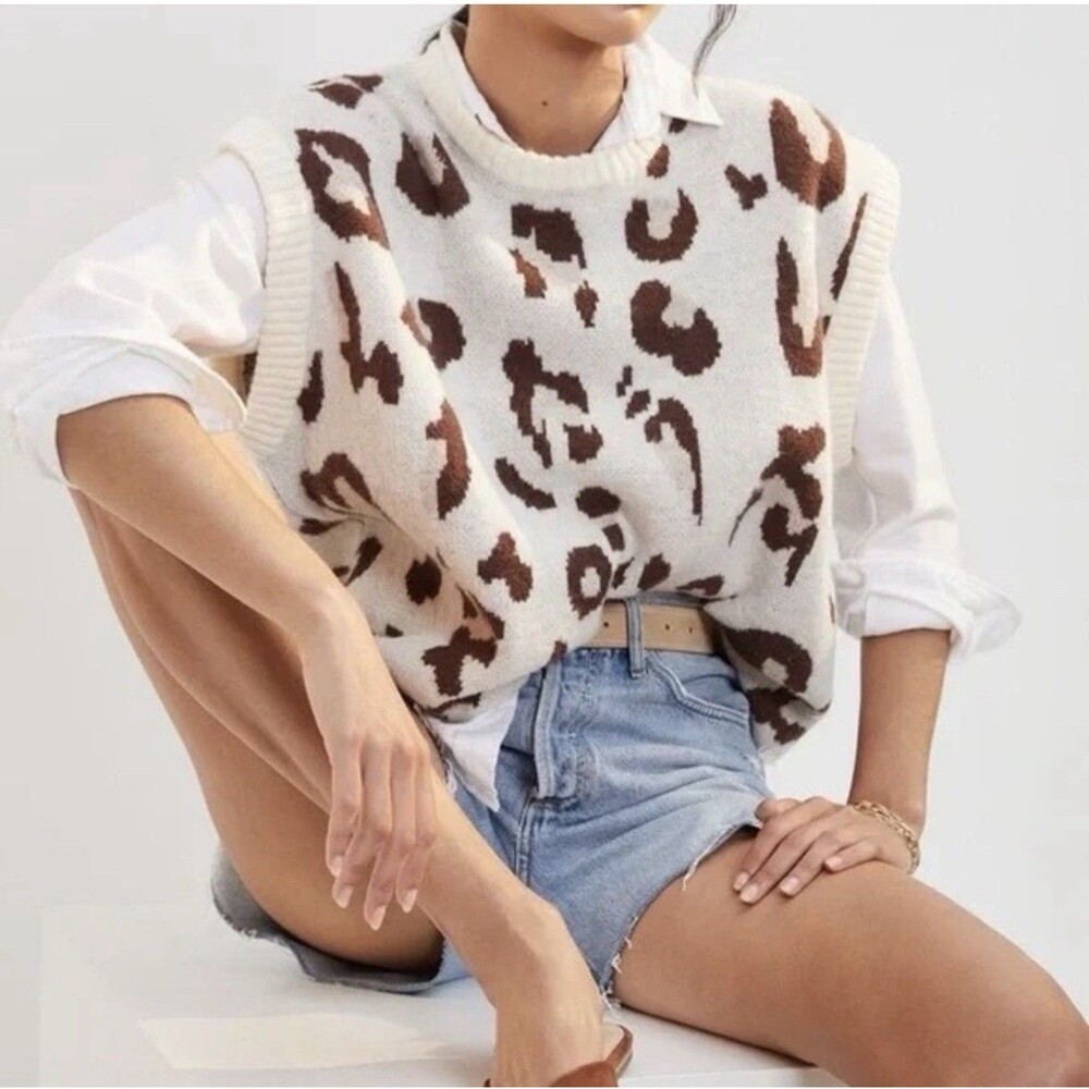 ANTHROPOLOGIE Vest Women’s Leopard Knit Crew Neck ONE‎ SIZE Pullover